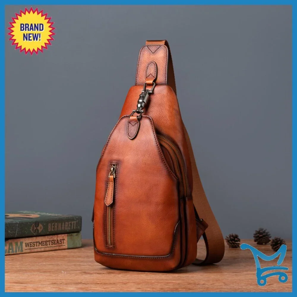 Genuine Leather Crossbody Sling Bag with Adjustable Strap, 8 Pockets